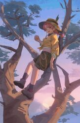 Rule 34 | 1girl, :d, absurdres, against tree, black socks, blue sky, braid, brown footwear, brown shorts, bucket hat, food, from side, fruit, full body, gradient sky, green eyes, hand up, hat, highres, holding, holding food, holding fruit, leaf hat ornament, leilani (reverse:1999), lens flare, looking at viewer, low twin braids, medium hair, midriff, mountainous horizon, on tree, open mouth, orange (fruit), pink hair, pink sky, reverse:1999, rope, shirt, shorts, sky, smile, socks, solo, standing, teeth, tied shirt, tree, twin braids, upper teeth only, yellow shirt, zzzzzziyao