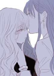 Rule 34 | 2girls, absurdres, blush, bracelet, closed eyes, closed mouth, commentary request, earrings, greyscale, hand on another&#039;s face, highres, jewelry, kiss, kissing forehead, long hair, long sleeves, monochrome, multiple girls, original, shirt, upper body, yuri, yuri kyanon