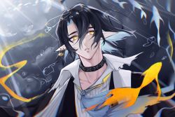 Rule 34 | 1boy, arknights, black coat, black hair, blue hair, blue neckerchief, chinese commentary, coat, collar, collarbone, commentary request, earrings, fish, hair between eyes, highres, infection monitor (arknights), jewelry, light rays, lihuijintianjinbulema, looking at viewer, lumen (arknights), male focus, multicolored hair, neckerchief, open clothes, open coat, pointy ears, shell, shell earrings, shirt, short hair, signature, single earring, solo, sparkle, two-tone hair, upper body, water drop, white shirt, yellow eyes