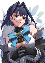 Rule 34 | 1girl, bare shoulders, black gloves, blue eyes, blue hair, bow, bow earrings, breasts, chain, chain headband, cleavage cutout, clothing cutout, commentary, detached sleeves, earrings, erezu, gloves, hair intakes, head chain, heart, highres, hololive, hololive english, jewelry, large breasts, long sleeves, looking at viewer, ouro kronii, parted bangs, short hair, smile, solo, steepled fingers, teeth, upper body, virtual youtuber