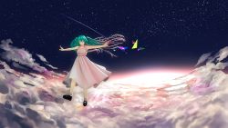 Rule 34 | aqua eyes, aqua hair, cloud, dreaming, dress, hatsune miku, highres, long hair, mary janes, night, outstretched arms, shoes, shooting star, sky, solo, space, star (sky), star trail, starry sky, sunset, surreal, twintails, very long hair, vocaloid, white dress, yue (tada no saboten)