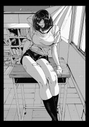 Rule 34 | 1girl, arm support, bandaid, bandaid on leg, breasts, commentary request, desk, feet out of frame, glasses, greyscale, hachinuki tetsuyo, highres, indoors, kneehighs, large breasts, looking at viewer, medium hair, monochrome, on desk, original, school desk, short sleeves, shorts, sitting, on desk, socks, solo, tongue, tongue out, window
