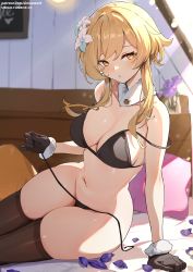 Rule 34 | 1girl, arm support, bare arms, bare shoulders, bikini, black bikini, black gloves, blonde hair, blush, breasts, cleavage, cowboy shot, day, detached collar, female focus, flower, fur-trimmed gloves, fur collar, fur trim, genshin impact, gloves, hair flaps, hair flower, hair ornament, highres, holding, indoors, large breasts, lily (flower), looking at viewer, lumine (genshin impact), matching hair/eyes, medium hair, navel, on bed, parted lips, petals, pillow, purple flower, short hair with long locks, sidelocks, simao (x x36131422), sitting, skindentation, solo, stomach, strap slip, string bikini, sunlight, swimsuit, thighhighs, thighs, untied bikini, vase, yellow eyes