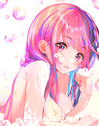 Rule 34 | 1girl, :3, absurdres, bathing, blue hair, blush, breasts, cleavage, closed mouth, collarbone, commentary, convenient arm, foam, from side, highres, large breasts, long hair, looking at viewer, looking to the side, lying, multicolored hair, munseonghwa, nail polish, nude, on stomach, original, pink eyes, pink hair, pink lips, pink nails, smile, swept bangs, symbol-only commentary, two-tone hair, upper body, water drop, wet