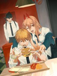 Rule 34 | 1girl, 2boys, black hair, black necktie, blonde hair, burger, chainsaw man, chest belt, chewing, closed eyes, collared shirt, cross-shaped pupils, cup, denji (chainsaw man), eating, fangs, fast food, food, french fries, hands in pockets, hayakawa aki, highres, holding, holding cup, holding food, jacket, jacket partially removed, leaning forward, long hair, looking at another, multiple boys, mumu (leelee mumu), necktie, one eye closed, pink hair, power (chainsaw man), red eyes, sharp teeth, shirt, short hair, sleeves rolled up, symbol-shaped pupils, teeth, tray, v, weapon, weapon on back, white shirt