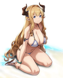 Rule 34 | 1girl, armlet, bare legs, bikini, blonde hair, blue eyes, bracelet, breasts, cleavage, closed mouth, commentary request, draph, full body, granblue fantasy, hair intakes, highres, horns, houtengeki, jewelry, kneeling, large breasts, long hair, looking at viewer, navel, pointy ears, razia, sidelocks, simple background, sitting, smile, solo, string bikini, swimsuit, thighs, very long hair, white bikini