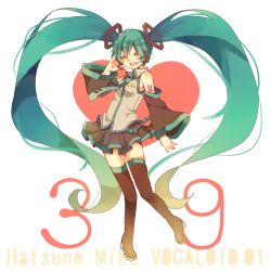 Rule 34 | 1girl, 39, amagi hana, bad id, bad pixiv id, boots, character name, closed eyes, detached sleeves, green hair, hatsune miku, headset, heart, highres, long hair, necktie, open mouth, simple background, skirt, solo, thigh boots, thighhighs, twintails, very long hair, vocaloid, white background