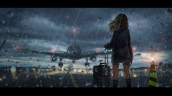 Rule 34 | 1girl, absurdres, aircraft, airplane, airport, backlighting, black socks, blue jacket, brown hair, chinese commentary, cloud, commentary request, dark clouds, feet out of frame, from behind, grey skirt, highres, holding luggage, jacket, kneehighs, letterboxed, long sleeves, original, outdoors, qi==qi, rain, rolling suitcase, runway, scenery, school uniform, short hair, skirt, socks, solo, standing, suitcase, taking off