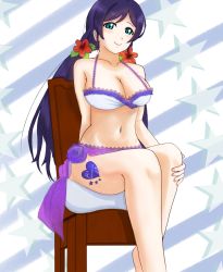 Rule 34 | 1girl, aqua eyes, artist name, artist request, bare legs, bare shoulders, barefoot, bikini, blush, breasts, chair, cleavage, collarbone, feet, feet out of frame, female focus, flower, green eyes, hair flower, hair ornament, heart, heart tattoo, highres, holding, holding leg, leg tattoo, long hair, long twintails, looking at viewer, love live!, love live! school idol festival, love live! school idol project, low twintails, medium breasts, nail, nail polish, on chair, parted lips, pink nails, pink nails, purple flower, purple hair, purple skirt, red flower, sitting, skirt, smile, solo, swimsuit, tattoo, tojo nozomi, twintails, white bikini