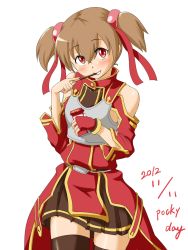 Rule 34 | 10s, 1girl, armor, bare shoulders, breastplate, brown hair, fingerless gloves, food, gloves, highres, pocky, rabinidaddo, short hair, short twintails, silica, solo, sword art online, thighhighs, twintails