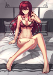 Rule 34 | 1girl, barefoot, bra, breasts, fate/grand order, fate (series), feet, highres, long hair, looking at viewer, nail polish, nairobi song, no shoes, on bed, purple hair, red eyes, scathach (fate), sitting, toenail polish, toenails, toes, underwear, underwear only