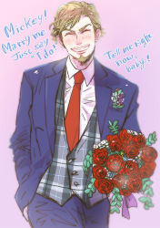 Rule 34 | !, 10s, 1boy, ^ ^, beard, blush, bouquet, brown hair, character name, emil nekola, english text, closed eyes, facial hair, flower, formal, grin, leaf, male focus, mustache, necktie, pink background, red rose, rose, shuuko (sssssdsn a), simple background, smile, solo, suit, teeth, upper body, yuri!!! on ice
