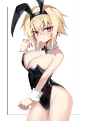 Rule 34 | 1girl, absurdres, animal ears, blonde hair, blush, bow, bowtie, breasts, bunny day, collarbone, detached collar, fake animal ears, highres, jiseki rena, large breasts, leotard, looking at viewer, original, playboy bunny, rabbit ears, red eyes, short hair, solo, strapless, strapless leotard, tsurime, very short hair, white background, wrist cuffs