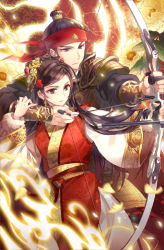 Rule 34 | 1boy, 1girl, armor, black hair, bow (weapon), bracer, brown eyes, drawing bow, fantasy, fire, flower, gl ztoh, gold trim, hair flower, hair ornament, headband, holding, holding bow (weapon), holding weapon, long hair, official art, red headband, serious, standing, topknot, very long hair, weapon, wide sleeves