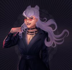 Rule 34 | 1girl, asymmetrical bangs, belt, black belt, black choker, black suit, breasts, business suit, center opening, choker, claw (weapon), cleavage, cone hair bun, cowboy shot, dark background, demon, demon girl, earrings, evelynn (league of legends), eyeshadow, formal, grin, hair bun, hand in own hair, highres, hoop earrings, jewelry, k/da (league of legends), khessamaya, league of legends, long hair, looking at viewer, makeup, medium breasts, necklace, purple-tinted eyewear, purple eyeshadow, purple lips, rimless eyewear, slit pupils, smile, solo, suit, the baddest evelynn, tinted eyewear, tooth necklace, weapon, white hair, yellow eyes
