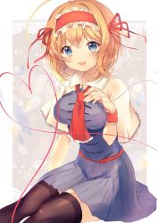 Rule 34 | 1girl, :d, ahoge, alice margatroid, black thighhighs, blonde hair, blue dress, blue eyes, breasts, capelet, commentary request, dress, frilled hairband, frills, hair ribbon, hairband, heart, heart of string, highres, lolita hairband, looking at viewer, medium breasts, nenobi (nenorium), open mouth, red hairband, red neckwear, red ribbon, red sash, ribbon, sash, short hair, sitting, smile, solo, string, string of fate, thighhighs, thighs, touhou, white capelet, wrist cuffs, zettai ryouiki