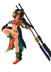 Rule 34 | 1girl, boots, breasts, brown eyes, brown hair, highres, leg lift, long hair, looking at viewer, midriff, naginata, namco, navel, open mouth, polearm, ponytail, seed01010, seong mi-na, shadow, solo, soul calibur, soulcalibur, soulcalibur iii, standing, standing on one leg, thighs, underboob, weapon, white background