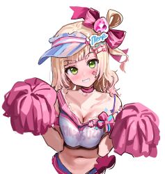 Rule 34 | 1girl, blonde hair, blue hat, blush, breasts, character name, cleavage, clothes writing, crop top, green eyes, hat, highres, holding, holding pom poms, hololive, kanzarin, large breasts, long hair, momosuzu nene, momosuzu nene (cheerleader), navel, official alternate costume, pom pom (cheerleading), pom poms, smile, solo, virtual youtuber, visor cap, white background