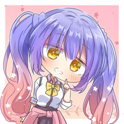 Rule 34 | 1girl, absurdres, arm at side, blue hair, blush, border, chibi, clothes around waist, commentary request, cowboy shot, eyes visible through hair, flower, gradient hair, grin, hair between eyes, hair flower, hair ornament, hand up, head tilt, highres, index finger raised, kohibari kurumi, long hair, looking at viewer, multicolored hair, pink background, pink hair, school uniform, shirt, signature, simple background, sleeves rolled up, smile, solo, standing, tenshi souzou re-boot!, twintails, utuigawa, wavy hair, white border, white flower, white shirt, yellow eyes
