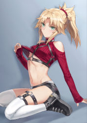 Rule 34 | 1girl, alternate costume, arched back, bare shoulders, black footwear, black shorts, blonde hair, blush, braid, breasts, closed mouth, clothing cutout, commentary request, fate/apocrypha, fate/grand order, fate (series), french braid, green eyes, grey background, hair ornament, hair scrunchie, halterneck, highres, long sleeves, looking at viewer, mordred (fate), mordred (fate/apocrypha), navel, ponytail, red scrunchie, red sweater, ribbed sweater, scrunchie, shadow, short hair, short shorts, shorts, shoulder cutout, sitting, sleeves past wrists, small breasts, solo, stomach, sweater, thighhighs, tonee, underboob, undressing, wariza, white thighhighs