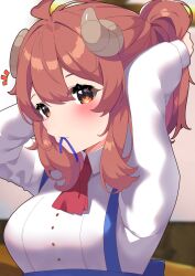 Rule 34 | 1girl, ahoge, arms up, ascot, blue ribbon, blue skirt, blurry, blurry background, blush, brown eyes, brown hair, close-up, commentary, curled horns, demon girl, demon horns, double-parted bangs, eyelashes, hair between eyes, hairdressing, highres, horns, long hair, looking at viewer, machikado mazoku, mouth hold, musical note, nokia hiyou, notice lines, official alternate costume, ponytail, red ascot, ribbon, ribbon in mouth, sidelocks, skirt, solo, suspender skirt, suspenders, waitress, wavy hair, yoshida yuuko (machikado mazoku)