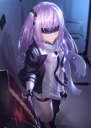 Rule 34 | 1girl, black footwear, black gloves, black jacket, blindfold, blush, breasts, closet, commission, embarrassed, fingerless gloves, girls&#039; frontline, gloves, hair ornament, highres, holding person, ibuki notsu, jacket, long hair, looking at viewer, pink hair, purple eyes, ribbed shirt, scarf, shirt, shoes, single thighhigh, skeb commission, small breasts, solo, st ar-15 (girls&#039; frontline), thigh strap, thighhighs, twintails