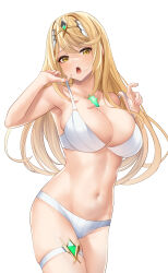 Rule 34 | 1girl, absurdres, alternate costume, bikini, blonde hair, breasts, chest jewel, cleavage, commentary request, hands up, highres, large breasts, long hair, looking at viewer, mythra (xenoblade), navel, open mouth, solo, stomach, strap lift, swept bangs, swimsuit, thigh strap, tiara, white-paka, white background, white bikini, xenoblade chronicles (series), xenoblade chronicles 2, yellow eyes