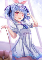 Rule 34 | 1girl, :d, bag, belt, blue hair, blue neckerchief, blue ribbon, blurry, blurry foreground, blush, choker, cowboy shot, dress, hair ornament, highres, holding, holding bag, hololive, looking at viewer, neckerchief, official alternate costume, open mouth, pleated dress, puffy short sleeves, puffy sleeves, rabbit-shaped pupils, rabbit tail, red eyes, ribbon, sailor collar, short hair, short sleeves, smile, solo, standing, symbol-shaped pupils, thick eyebrows, two side up, usada pekora, usada pekora (casual), virtual youtuber, white belt, white choker, white dress, white sailor collar, yuano