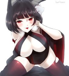 Rule 34 | 1girl, animal ears, azur lane, bare shoulders, black dress, black hair, breasts, center opening, cleavage, detached sleeves, dress, hand in own hair, hatte (bsrmkr), kneeling, large breasts, looking at viewer, mask, mask on head, pale skin, red eyes, red thighhighs, short hair, simple background, skindentation, solo, thighhighs, torn clothes, torn thighhighs, white background, yamashiro (azur lane), yamashiro (meta) (azur lane)