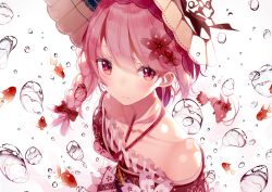 Rule 34 | 1girl, air bubble, atha (leejuiping), bare shoulders, blush, bow, braid, bubble, cherry blossoms, closed mouth, fish, flower, frills, hair bow, hair flower, hair ornament, hat, long hair, looking at viewer, pink eyes, pink hair, red bow, ribbon trim, sergestid shrimp in tungkang, side braid, smile, solo, swept bangs, underwater, upper body, xuan ying