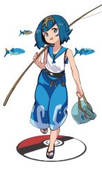Rule 34 | 1girl, bad id, bad twitter id, baggy pants, blue eyes, blue hair, creatures (company), doroame (ameyu), fish, fishing rod, full body, game freak, hairband, highres, lana (pokemon), looking at viewer, nintendo, open mouth, pants, pokemon, pokemon sm, shirt, short hair, simple background, sleeveless, sleeveless shirt, slippers, smile, solo, swimsuit, swimsuit under clothes, trial captain, white background