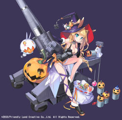 Rule 34 | 1girl, anti-aircraft, anti-aircraft gun, aqua eyes, artillery, bare shoulders, blonde hair, boots, braid, breasts, candy, cleavage, detached collar, food, fur trim, german text, ghost, girl arms, hair intakes, hat, jack-o&#039;-lantern, large breasts, leg up, long hair, original, personification, purple background, sack, shell, simple background, solo, witch hat, zeco
