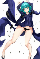 Rule 34 | 1girl, arms up, black panties, blue dress, blue eyes, blue hair, convenient censoring, covered navel, curly hair, dress, flats, flipped hair, from below, gluteal fold, jilllxlxl, long sleeves, lowleg, matching hair/eyes, motion blur, one-punch man, panties, pantyshot, parted lips, pussy, shoes, short hair, simple background, solo, string panties, tatsumaki, telekinesis, underwear, upskirt, white background