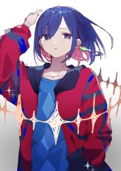 Rule 34 | 1girl, blouse, blue eyes, blue hair, blue shirt, character request, copyright request, earrings, eyes visible through hair, floating hair, glint, gradient background, highres, i7, jacket, jewelry, kamitsubaki studio, looking down, shirt, short hair, single earring, solo, virtual youtuber