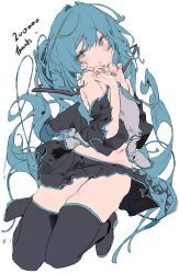 Rule 34 | 1girl, aqua eyes, aqua hair, aqua nails, black skirt, boots, detached sleeves, hair between eyes, hatsune miku, highres, jumping, light blush, long hair, looking at viewer, miniskirt, navel, necktie, otintin, pleated skirt, shirt, simple background, skindentation, skirt, sleeveless, sleeveless shirt, solo, thank you, thigh boots, thighs, twintails, very long hair, vocaloid, white background