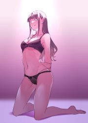 Rule 34 | 1girl, arms behind back, bare legs, bare shoulders, barefoot, black bra, bra, breasts, character request, cleavage, collarbone, commentary, copyright request, grin, groin, highres, kneeling, koteidare deza boshuu, long hair, medium breasts, navel, purple hair, sidelocks, smile, solo, stomach, symbol-only commentary, thighs, underwear, white eyes