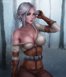 Rule 34 | 1girl, absurdres, adjusting hair, armband, bare shoulders, breasts, cd projekt red, ciri, cleavage, clueless, collarbone, corset, dark forest, day, digital painting (artwork), eyeshadow, flowerxl, from side, gloves, green eyes, highres, large breasts, leather, leather pants, lips, lipstick, looking to the side, makeup, mascara, medium hair, outdoors, pants, shirt, sitting, snow, solo, tagme, the witcher (series), the witcher 3: wild hunt, thighs, tree, watermark, white hair, white shirt