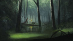 Rule 34 | 1boy, absurdres, cape, commentary request, fantasy, highres, holding, ikasamahideo, jungle, lake, landscape, lantern, nature, original, polearm, reflection, reflective water, scenery, solo, spear, sunlight, tree, weapon, wetland, wolf