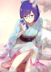Rule 34 | 1girl, a-chan (hololive), absurdres, alternate costume, aqua eyes, black-framed eyewear, blue bow, blue kimono, blurry, blurry foreground, bow, can, closed mouth, commentary, drink, energy drink, feet out of frame, floral print, glasses, hair bow, hand up, highres, holding, holding can, holding drink, hololive, japanese clothes, kimono, long sleeves, looking at viewer, print kimono, purple hair, red bull, short hair, sitting, smile, solo, swept bangs, virtual youtuber, wide sleeves, yami ara