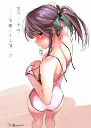Rule 34 | 1girl, bare arms, bare legs, bare shoulders, blush, breasts, brown eyes, brown hair, closed mouth, feet out of frame, from above, from behind, jintsuu (kancolle), kantai collection, large breasts, long hair, one-hour drawing challenge, one-piece swimsuit, pink one-piece swimsuit, solo, swimsuit, takase muh, translation request, twitter username