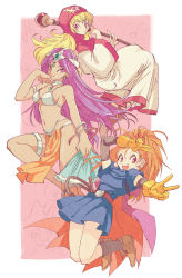 Rule 34 | 3girls, barbara (dq6), blonde hair, breasts, cleavage, closed mouth, commentary request, dragon quest, dragon quest ii, dragon quest iv, dragon quest vi, dress, earrings, female focus, hood, jewelry, long hair, looking at viewer, manya (dq4), multiple girls, open mouth, princess of moonbrook, robe, slime (dragon quest), smile, square enix, yuza