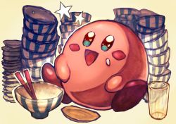 Rule 34 | 1boy, :d, blue eyes, blush stickers, bowl, chopsticks, commentary request, cup, donburi, drinking glass, face, food, food on face, full body, happy, highres, kirby, kirby (series), male focus, nintendo, no humans, on floor, open mouth, outline, reomenka, simple background, sitting, smile, solid oval eyes, solo, star (symbol), yellow background