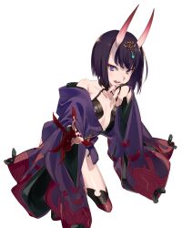 1girl bare_shoulders blood blood_on_hands breasts collarbone echo_(circa) eyeliner fate/grand_order fate_(series) headpiece horns japanese_clothes kimono long_sleeves looking_at_viewer makeup off_shoulder oni open_mouth outstretched_arm purple_eyes purple_hair purple_kimono revealing_clothes short_hair shuten_douji_(fate) simple_background skin-covered_horns small_breasts solo wide_sleeves