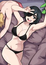 Rule 34 | 1boy, 1girl, :d, absurdres, armpits, bikini, black bikini, black eyes, black hair, blonde hair, breasts, bright pupils, chainsaw man, cleavage, dashi (dashiart), denji (chainsaw man), eyepatch, highres, himeno (chainsaw man), large breasts, looking at viewer, lying, navel, on back, one eye covered, open mouth, smile, solo focus, swimsuit, white pupils