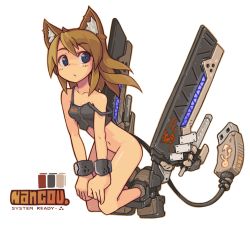 Rule 34 | 1girl, android, animal ears, artist name, bare shoulders, blue eyes, bottomless, bracelet, cable, cable tail, highres, jewelry, kneeling, mecha musume, mechanical tail, nancou (nankou), navel, original, simple background, solo, strap slip, tail, usb, white background