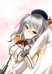 Rule 34 | 10s, 1boy, 1girl, admiral (kancolle), arm grab, arm hug, ayasato karen, beret, black shirt, blue eyes, blush, bow, breasts, breasts squeezed together, buttons, collared shirt, couple, dutch angle, epaulettes, frilled sleeves, frills, gradient background, hair between eyes, hat, hat bow, hetero, highres, hug, kantai collection, kashima (kancolle), large breasts, long sleeves, military, military uniform, pink background, red ribbon, ribbon, shirt, short hair, silver hair, smile, solo focus, uniform, upper body