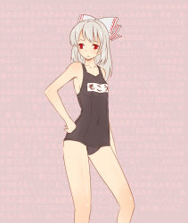 Rule 34 | 1girl, alternate costume, blush, breasts, female focus, fujiwara no mokou, hair ribbon, hand on own hip, miyo (ranthath), one-piece swimsuit, partially translated, red eyes, ribbon, ruizu copipe, school swimsuit, sideboob, silver hair, solo, standing, swimsuit, text focus, touhou, translation request, wall of text