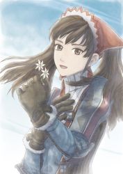 Rule 34 | 00s, alicia melchiott, brown eyes, brown hair, flower, gloves, military, military uniform, official art, senjou no valkyria, senjou no valkyria (series), senjou no valkyria 1, smile, solo, twintails, uniform