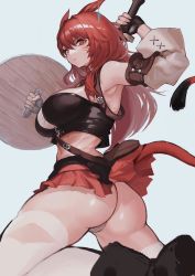 Rule 34 | 1girl, animal ears, armpits, ass, warrior of light (ff14), bad id, bad twitter id, bare shoulders, black footwear, black gloves, black shirt, boots, breasts, cat ears, cat girl, cat tail, crop top, cyobiro, detached sleeves, earrings, facial mark, final fantasy, final fantasy xiv, fingerless gloves, gloves, holding, holding weapon, jewelry, large breasts, long hair, long sleeves, looking at viewer, midriff, miniskirt, miqo&#039;te, navel, panties, pleated skirt, red eyes, red hair, red skirt, shield, shirt, skirt, sleeveless, sleeveless shirt, slit pupils, solo, stomach, sweatdrop, tail, tail raised, thighhighs, underwear, weapon, white panties, white thighhighs
