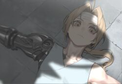 Rule 34 | 2boys, ahoge, alphonse elric, bandaged head, bandages, bare shoulders, blonde hair, cbow, closed mouth, edward elric, fullmetal alchemist, looking at viewer, low ponytail, lying, male focus, mechanical arms, multiple boys, on back, parted bangs, shadow, shirt, short hair with long locks, single mechanical arm, sleeveless, sleeveless shirt, tile floor, tiles, upper body, white shirt, yellow eyes